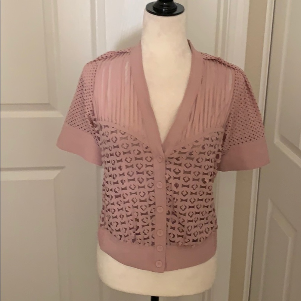 Byron Lars pink Laser Cut Cardi Blouse EUC
